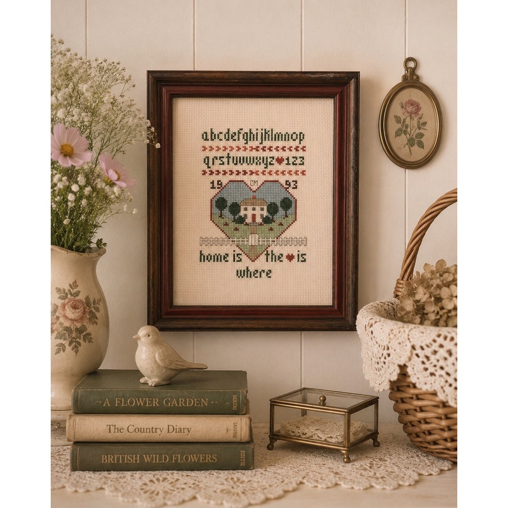 Vintage 1993 Hand Cross Stitched Sampler Home Is Where The Heart Is Framed